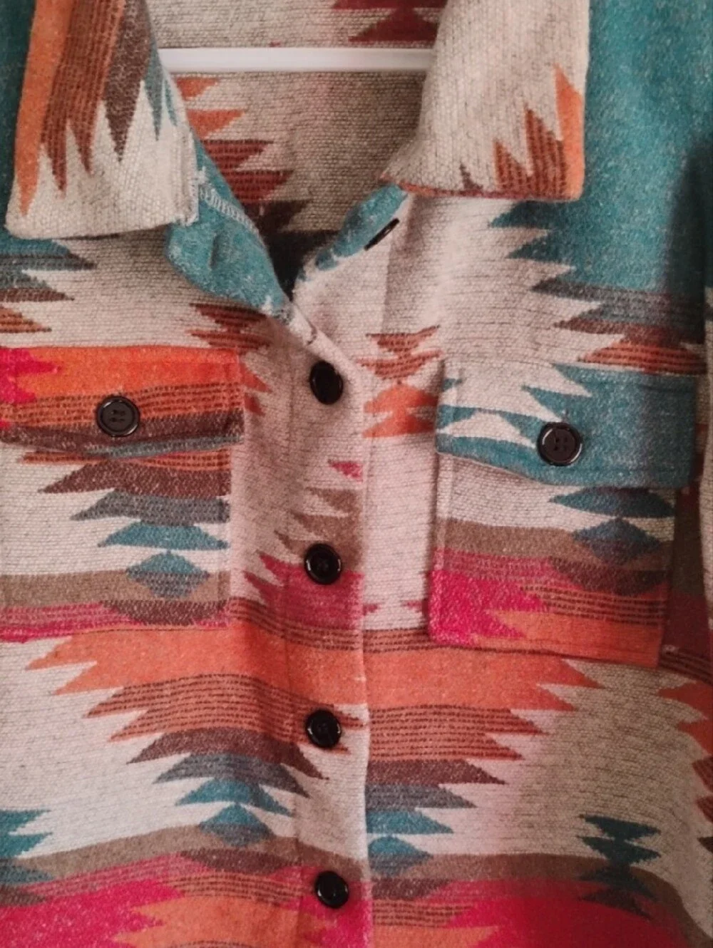 SHEIN Southwestern Button-Front Shacket in Teal, Rust & Cream, Aztec, Size M